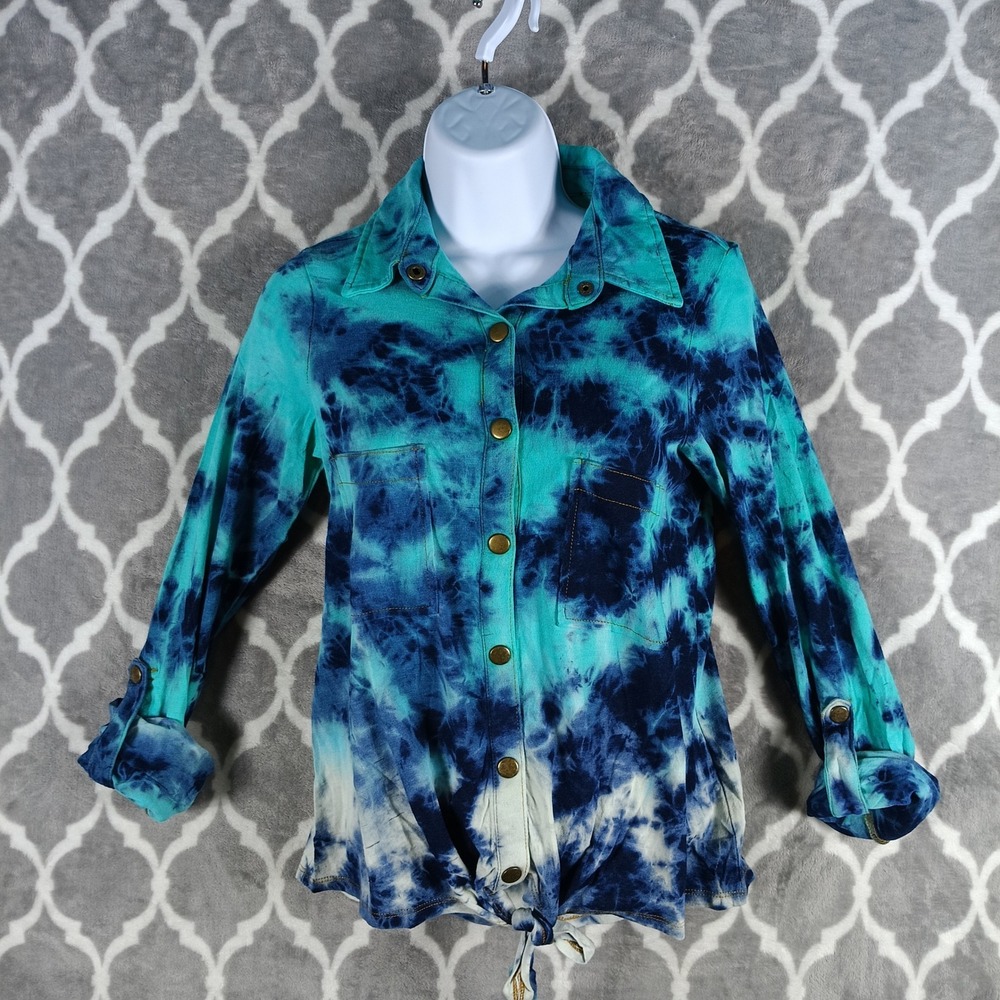 Fire Los Angeles Tie Dye Button Down Top Women Medium Blue Teal Long Sleeve